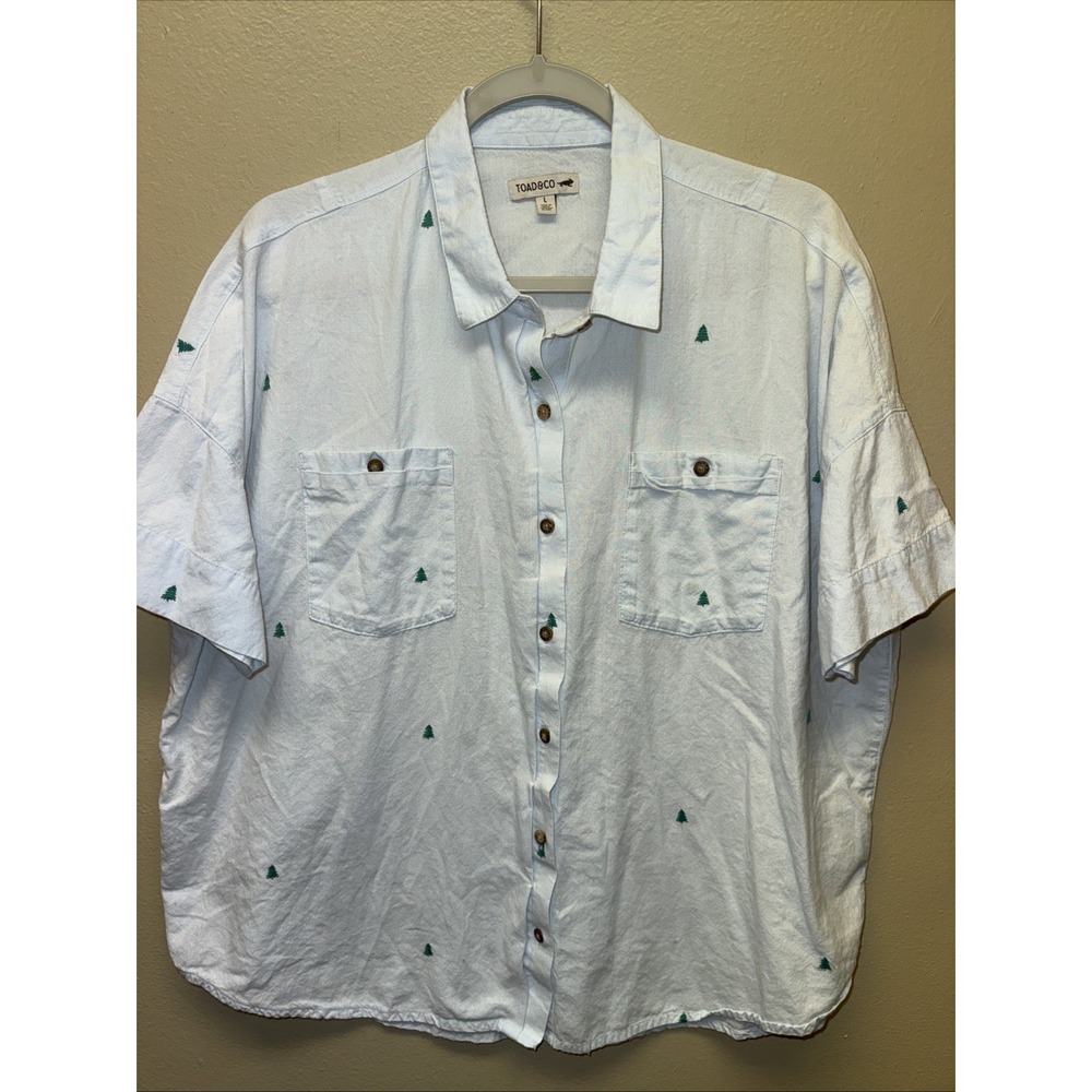 Toad and Co Shirt Indigo Wells Short Sleeve Button Up Large Tree Forest Outdoors